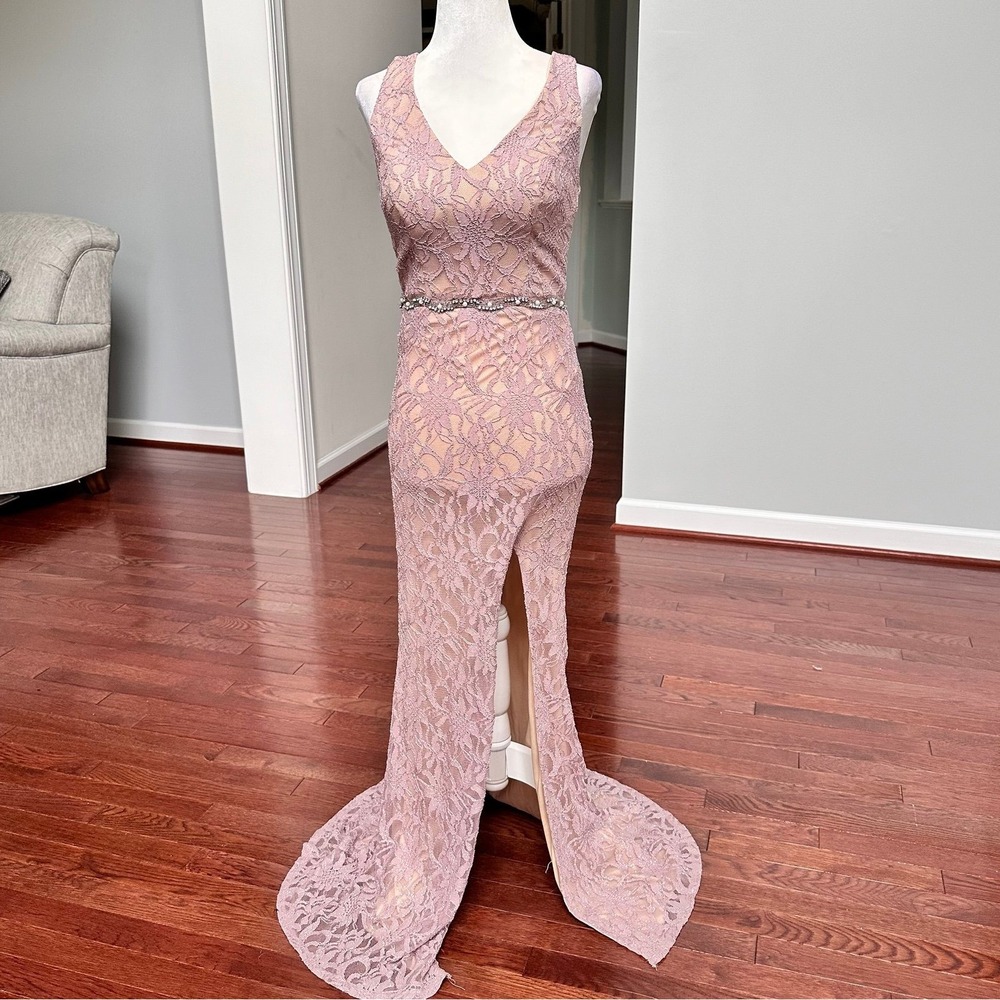 Vintage Y2K City Studio Dusty Pink Lace‎ Formal Gown Maxi Dress Feminine Floral
